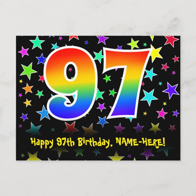 97. Geburtstag: Fun Stars Pattern, Regenbogen 97,  Postkarte (Vorderseite)