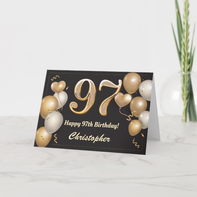 97. Geburtstag Schwarz und Gold Ballons Geburtstag Karte (Vorderseite)