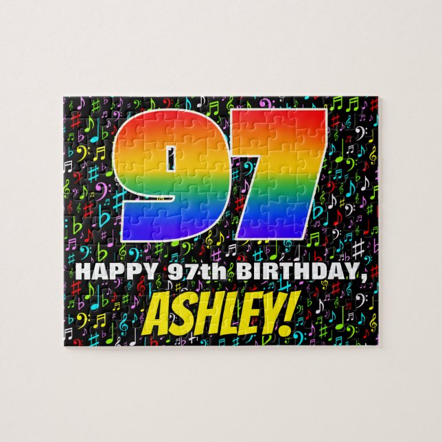 97. Geburtstag — Spaß, bunte Musiksymbole & "97" Puzzle (Horizontal)