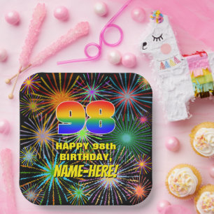 98. Geburtstag: Bunte, lustige feierliche Feuerwer Pappteller