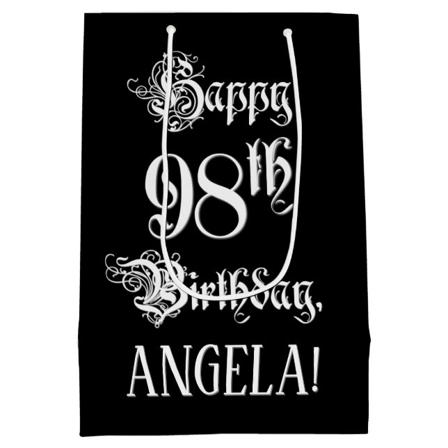 98. Geburtstag: Extravagant, elegant, Script + Ind Mittlere Geschenktüte (Rückseite)