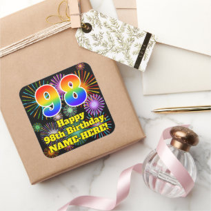 98. Geburtstag: Fun Fireworks Look, Rainbow # 98 Quadratischer Aufkleber