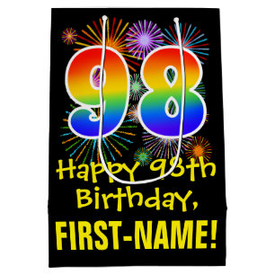 98. Geburtstag: Fun Fireworks Pattern + Rainbow 98 Mittlere Geschenktüte