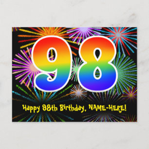 98. Geburtstag - Fun Fireworks Pattern + Rainbow 9 Postkarte