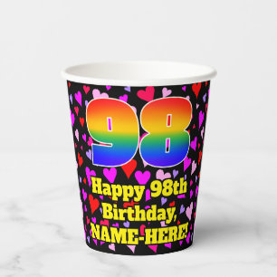 98. Geburtstag: Loving Hearts Pattern, Rainbow 98 Pappbecher