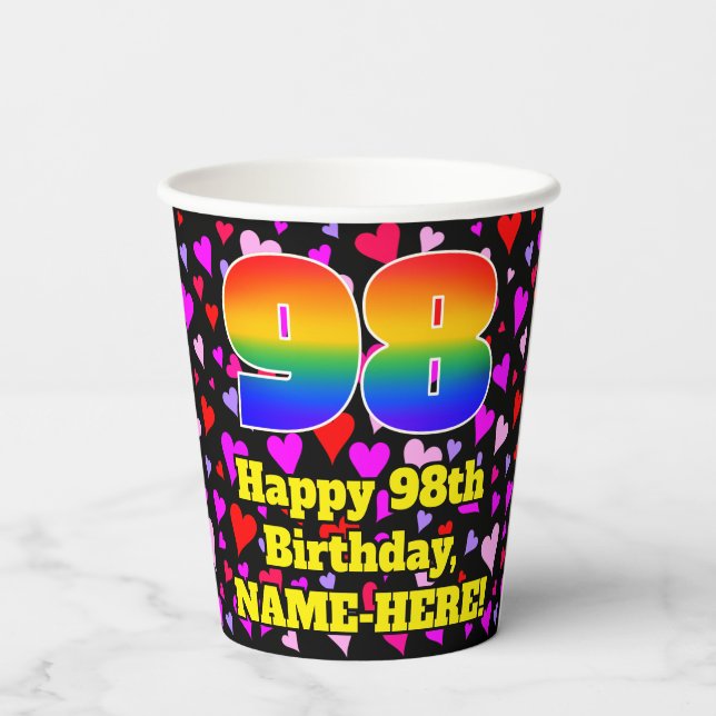 98. Geburtstag: Loving Hearts Pattern, Rainbow 98 Pappbecher (Rückseite)