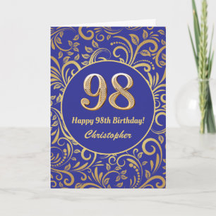98. Geburtstag Navy Blue and Gold Floral Muster Karte
