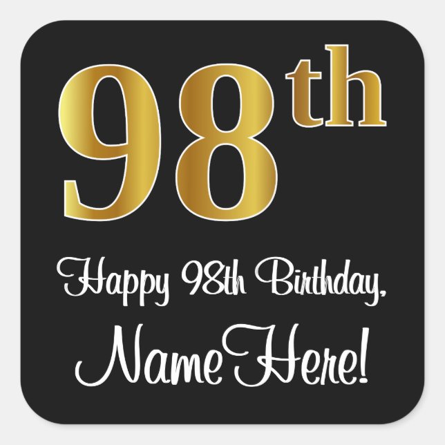 98th Birthday – Elegant Luxurious Faux Gold Look # Quadratischer Aufkleber (Vorderseite)