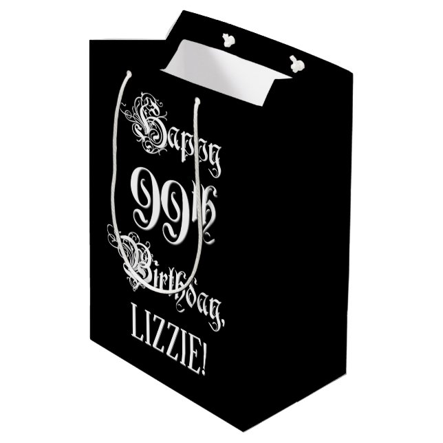 99. Geburtstag: Extravagant, elegant, Script + Ind Mittlere Geschenktüte (Rückseite Schrägansicht)
