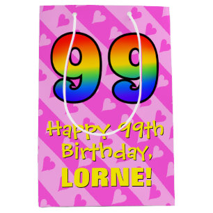 99. Geburtstag: Fun Pink Hearts Streifen; Regenbog Mittlere Geschenktüte