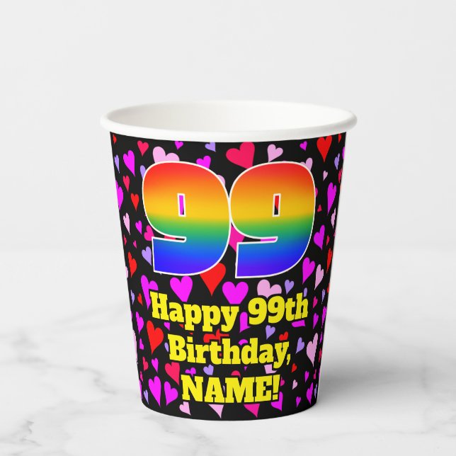 99. Geburtstag: Loving Hearts Pattern, Rainbow 99 Pappbecher (Rückseite)