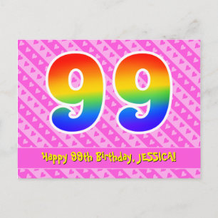 99. Geburtstag: Rosa Streifen & Herzen, Regenbogen Postkarte