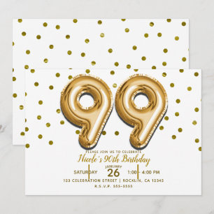 99 Gold Balloons & Confetti 99. Geburtstagsparty Einladung