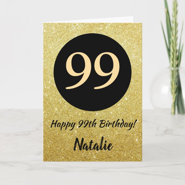 99. Happy Birthday Black and Gold Glitzer Card Karte (Vorderseite)