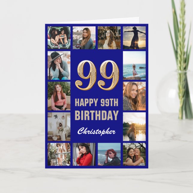 99. Happy Birthday Navy Blue & Gold Foto Collage Karte (Vorderseite)