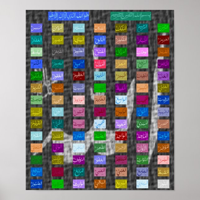 99 Hervorragende Namen von ALLAH (Gott) Asmaa-ul H Poster (Vorne)