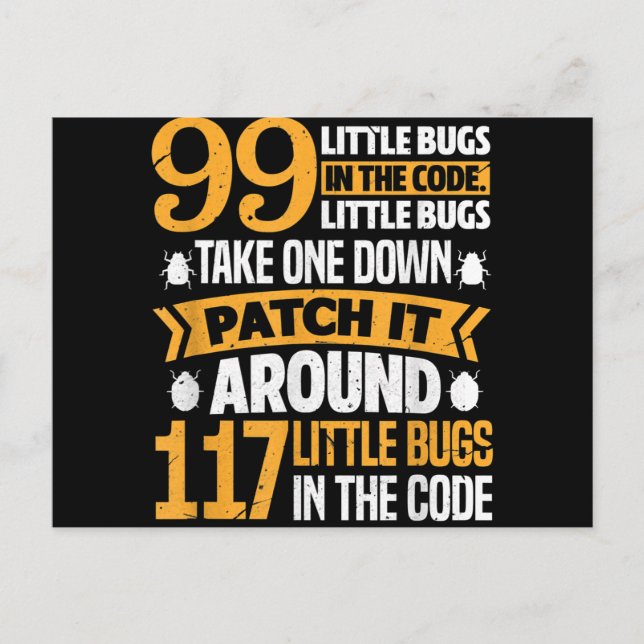 99 kleine Fehler im Code-Pfad es 117 Bugs-Programm Ankündigungspostkarte (Vorderseite)