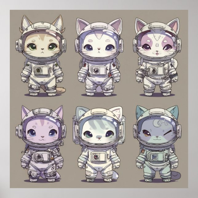 9 Chibi-Astronauten-Kätzchen Weltraum-Crew Poster (Vorne)
