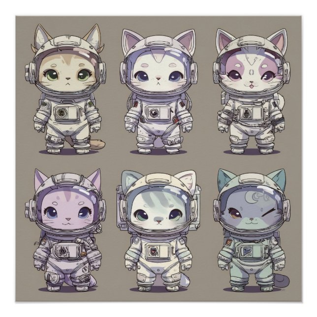 9 Chibi-Astronauten-Kätzchen Weltraum-Crew Poster (Vorderseite)
