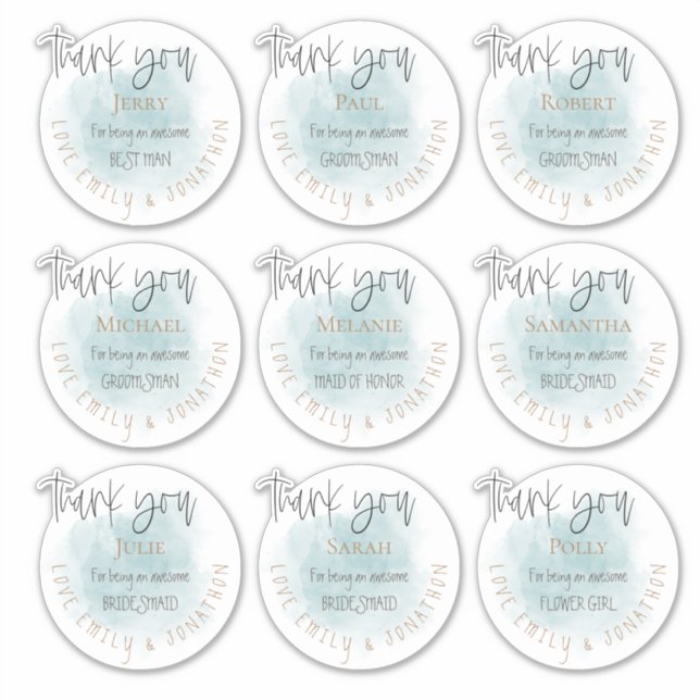 9 Einzelnamen Dankeschön Nachricht Hochzeit Aquama Aufkleber (Vorderseite)