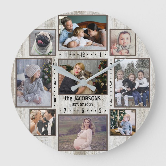 9 Familienfoto-Collage Bauernhof Holz Individuelle Große Wanduhr (Vorderseite)