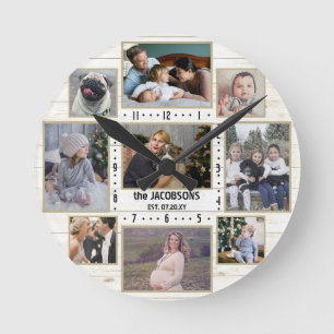 9 Familienfoto-Collage Namenslicht Farmhouse Holz Runde Wanduhr