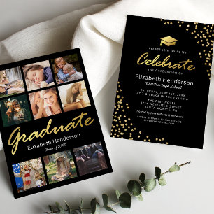 9 Foto Collage Black Gold Graduation Party Einladung