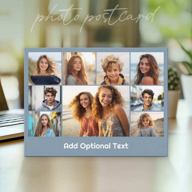 9 Foto-Collage Optionaler Text -- Blau Weiß Postkarte (Photo Postcard - Customize with your favorite photos)