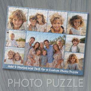 9-Foto-Collage Optionaler Text -- Blau Weiß Puzzle