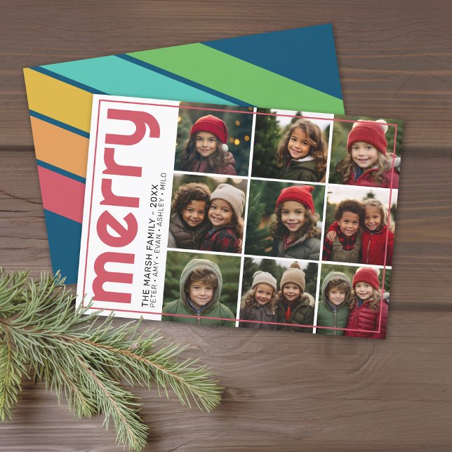 9 Foto Offset - Fett Frohe Weihnachten Retro Strei (Retro Stripe Pattern Christmas Card - 9 Photo Collage - Colorful Rainbow - Download available)