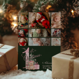 9 Foto Pink Green Baby First Christmas Feiertagskarte
