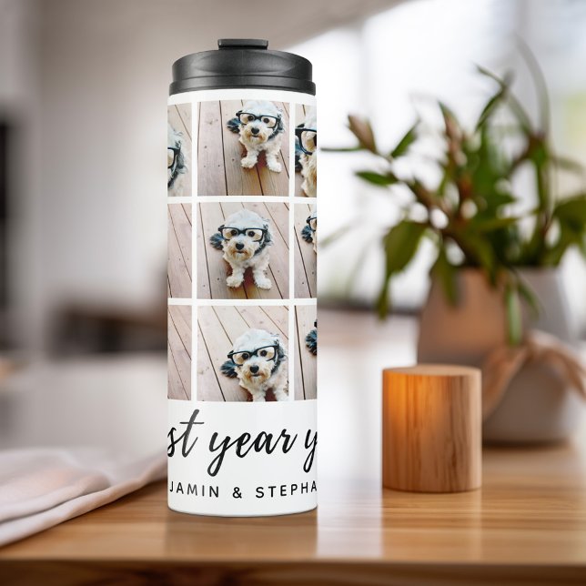 9 FotoCollage Best Year yet Black Calligraphy Thermosbecher (Personalized Thermal Tumbler - Add Photos, Text - Customize Completely in the Advanced Design Area)