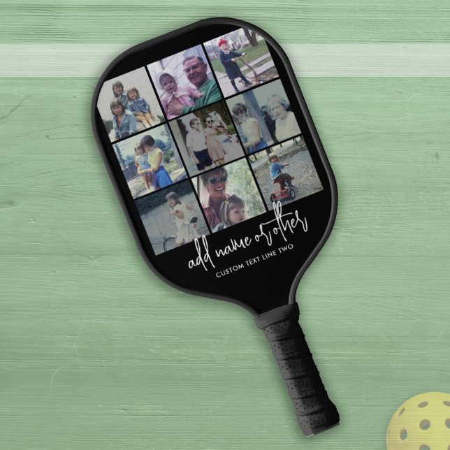 9 FotoCollage - Schwarz - Weißes Trendskript Pickleball Schläger (Von Creator hochgeladen)