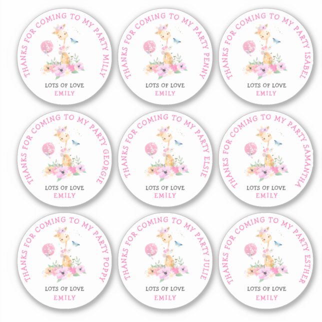 9 Gästebamen Kinder Danke Giraffe Aufkleber (Vorderseite)