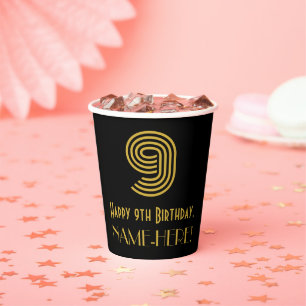 9. Geburtstag: Art Deco Inspiriert Look "9" & Name Pappbecher