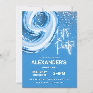 9. Geburtstag Balloon Boy Blue Neon Einladung