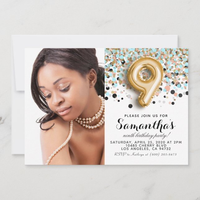 9. Geburtstag Confetti Gold Portrait Einladung (Vorderseite)