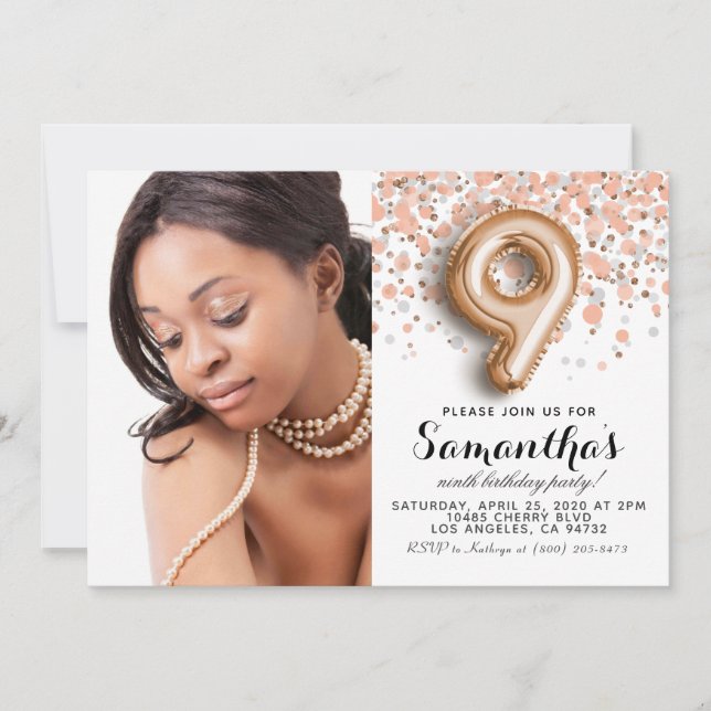 9. Geburtstag Confetti Gold Portrait Einladung (Vorderseite)