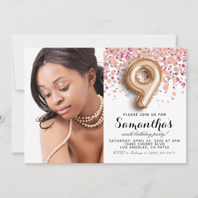 9. Geburtstag Confetti Gold Portrait Einladung (Vorderseite)