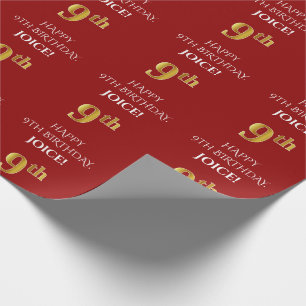 9. Geburtstag: Elegant, rot, Imitate Gold Look Geschenkpapier