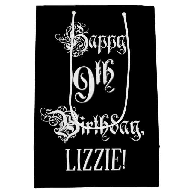 9. Geburtstag: Extravagant, elegant, Script + Indi Mittlere Geschenktüte (Rückseite)