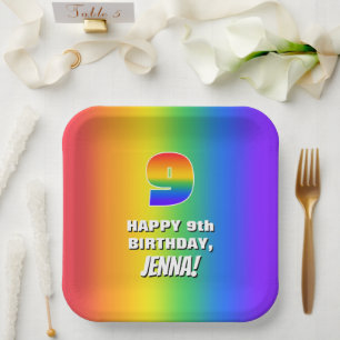 9. Geburtstag: Farbenfroh, Fun Rainbow Pattern # 9 Pappteller