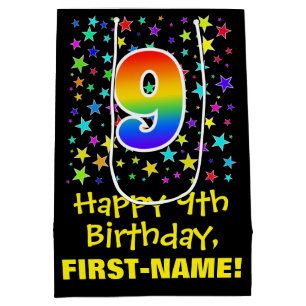 9. Geburtstag: Farbenfrohe Sterne Muster & Regenbo Mittlere Geschenktüte