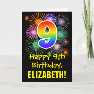 9. Geburtstag: Fun Fireworks Pattern + Regenbogen  Karte