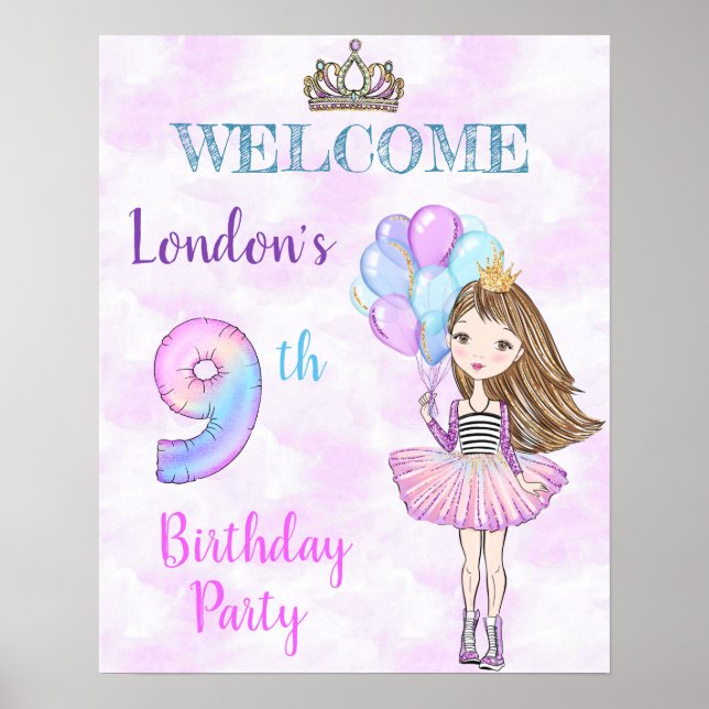 9. Geburtstag Girl Princess Lavender Turquoise Poster (Vorne)
