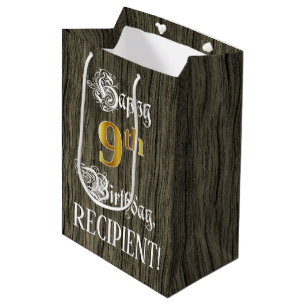9. Geburtstag: Imitate Gold Look & Imitate Holzmus Mittlere Geschenktüte