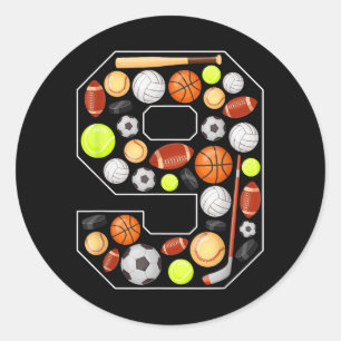 9. Geburtstag Junge Kinder 9 Jahre alt Sport Balle Runder Aufkleber