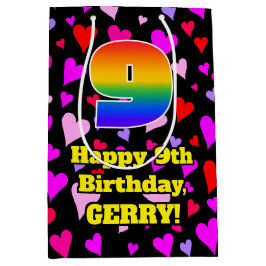 9. Geburtstag: Liebesherz-Muster, Regenbogen # 9 Mittlere Geschenktüte