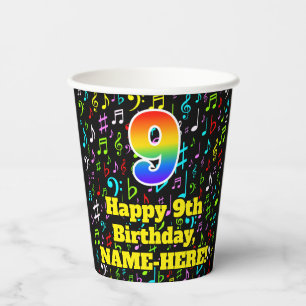 9. Geburtstag: Lustige Noten Muster, Regenbogen 9 Pappbecher