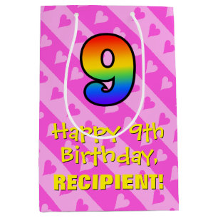 9. Geburtstag: Lustige rosa Herzen Streifen & Rege Mittlere Geschenktüte